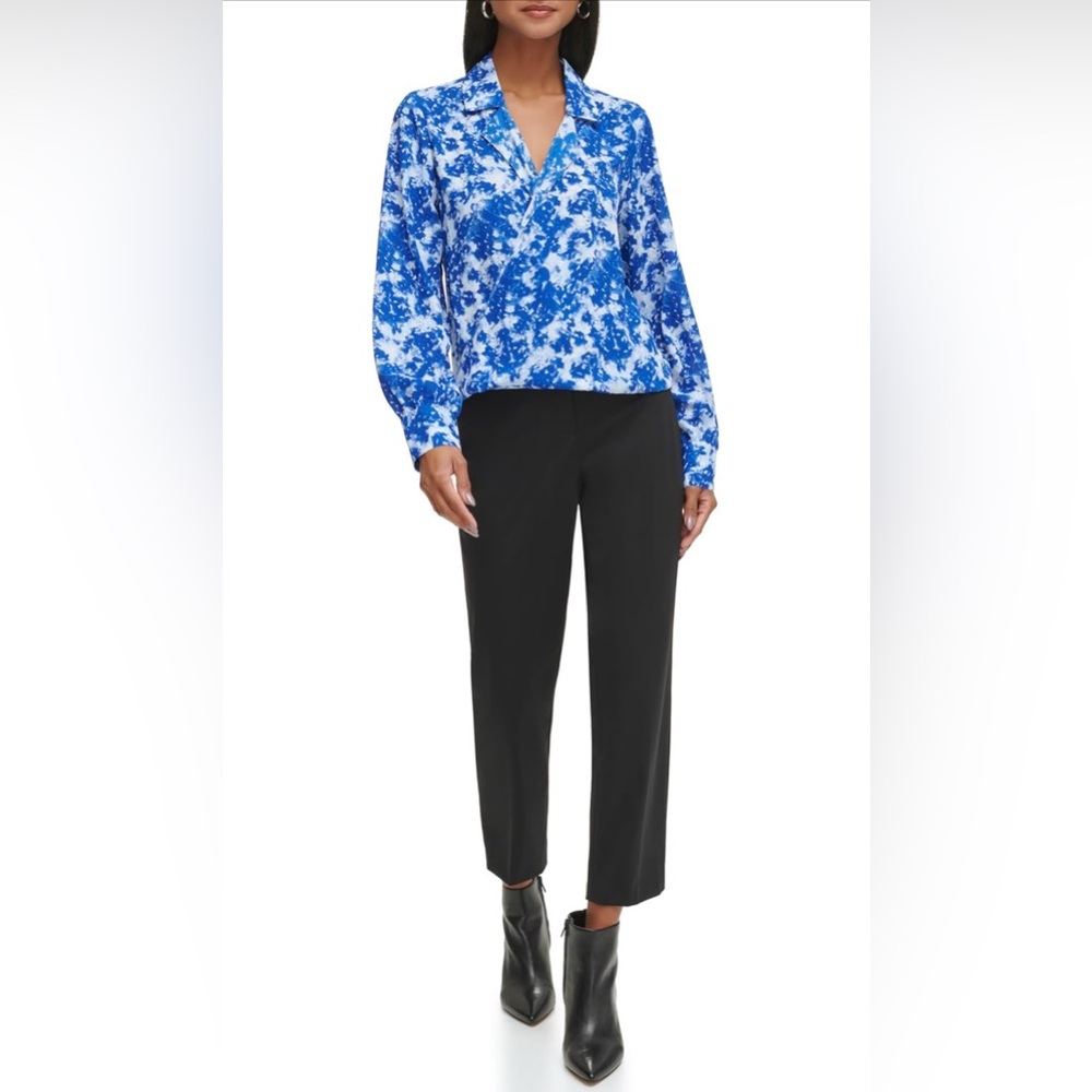Calvin Klein Women's Plus Long Sleeve Faux Wrap Blouse Top Tie Dye
